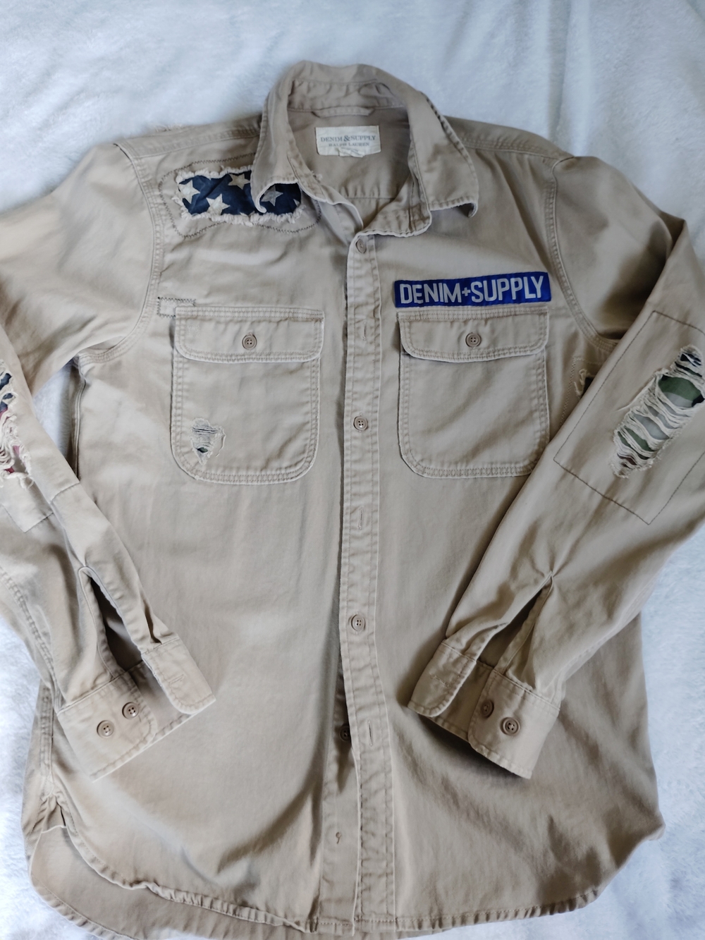 Ralp Lauren Denim & Supply Shirt Men's Size S Distressed Repairs USA Flag Khaki